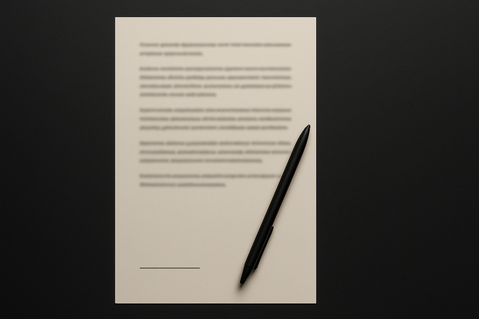 A printed document on a dark desk with a pen resting across it, unsigned