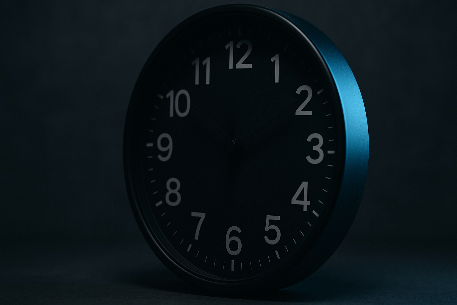 A dark analog clock face with electric blue accent lighting from one side