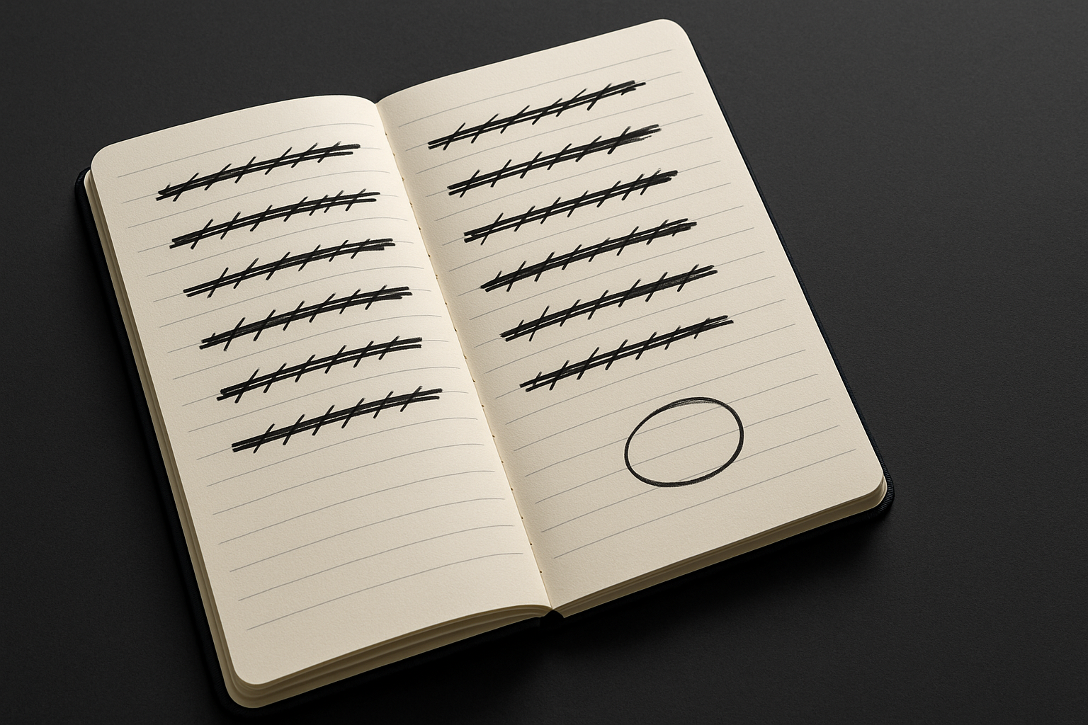 Notebook open to a page with multiple crossed-out lines and one clearly circled item
