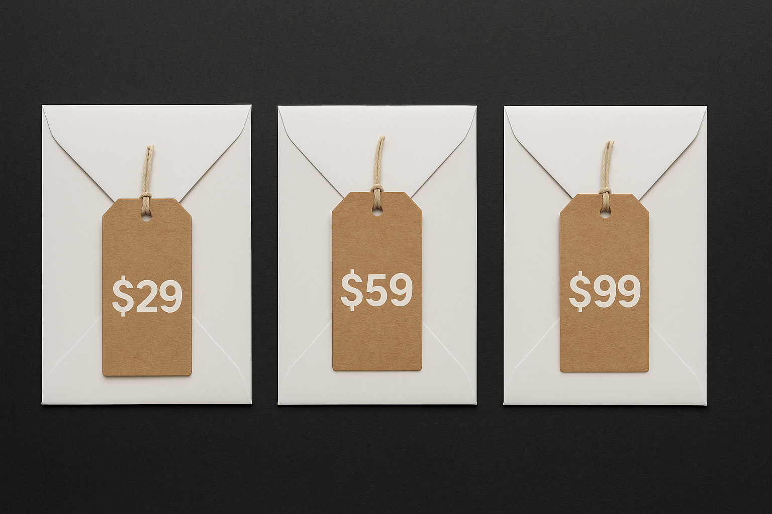 Three envelopes with different price tags on a dark surface
