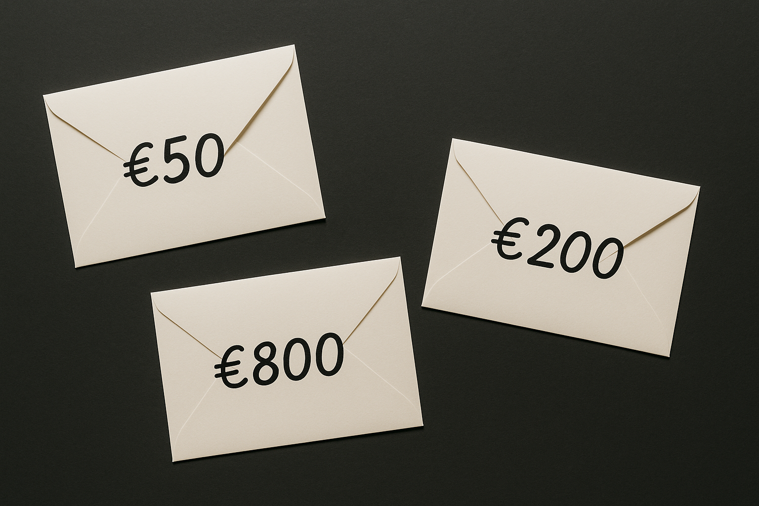 Three envelopes arranged on a dark surface, each labeled with a different price point